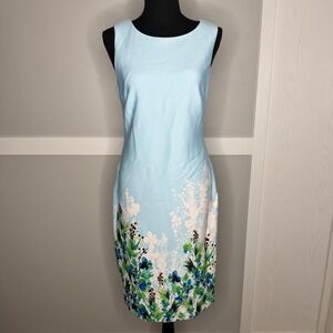 Calvin Klein Floral Sheath Dress Womens 8 Light Blue Sleeveless Stretch